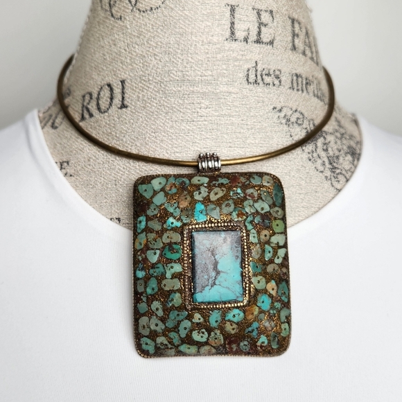 Silver & Gold Mosaic Turquoise Necklace - Picture 1 of 15